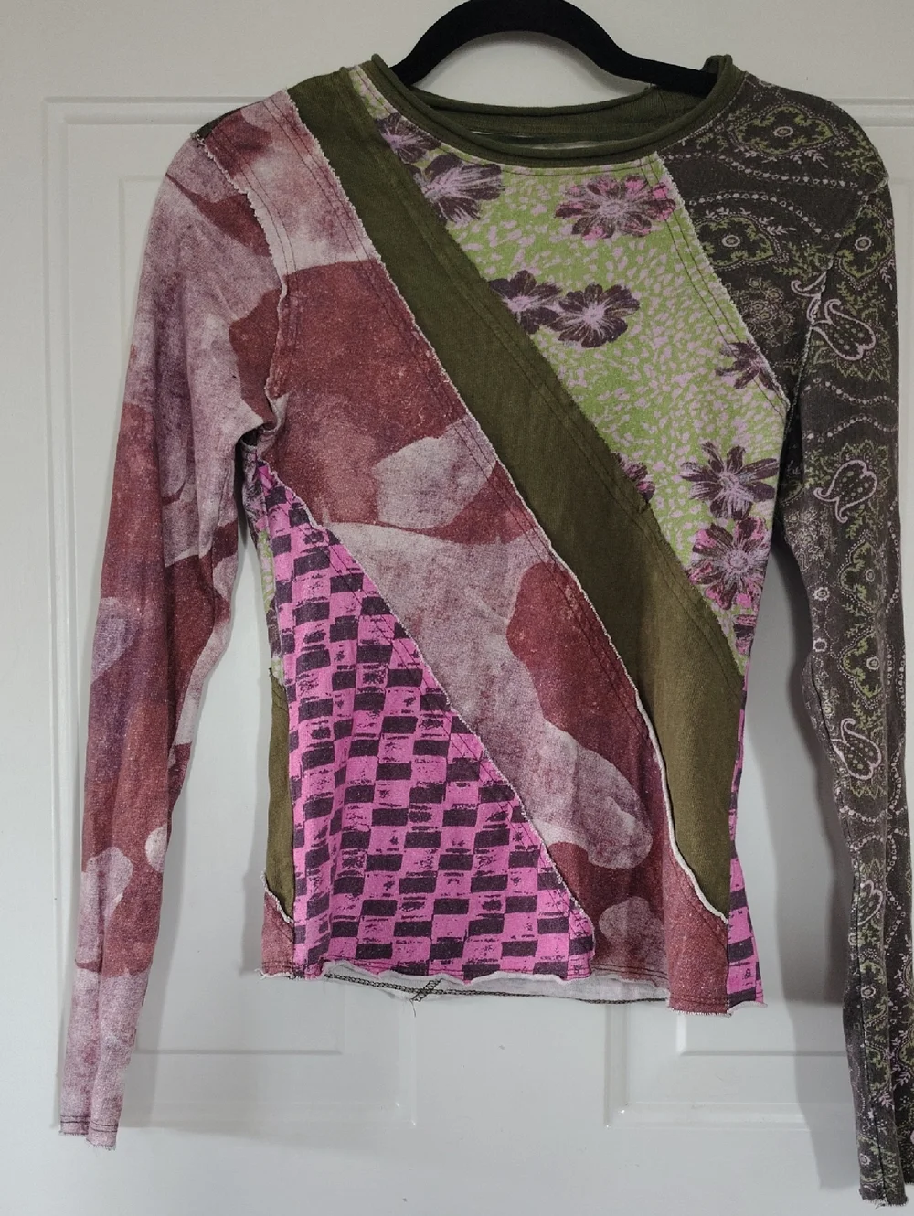 We The Free Patchwork Grunge Floral & Paisley Long Sleeve Top -Olive Green, Pink - Picture 1 of 5